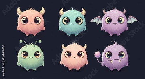 Collection of Cute Colorful Fluffy Cartoon Monsters with Big Eyes on a Dark Background