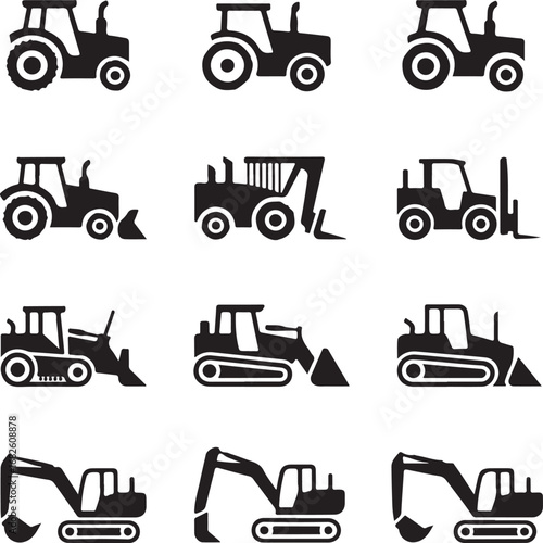 Set icons of tractors, farm and buildings machines