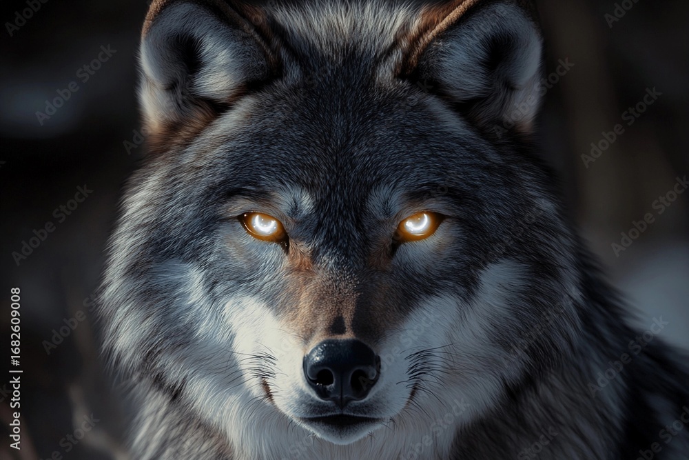 Fototapeta premium Wolf with radiant eyes reflects the power of the moon in a mystical forest setting under twilight sky