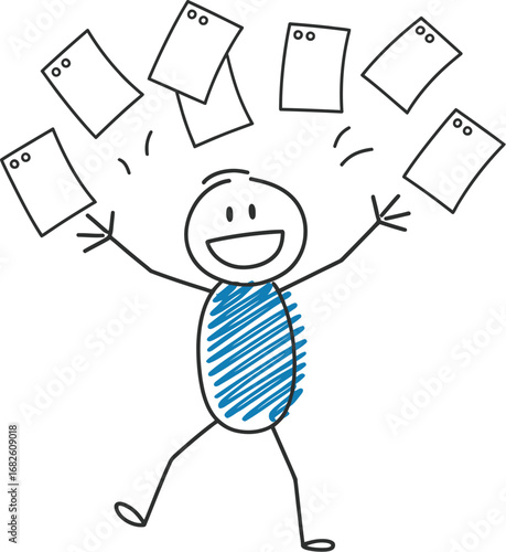 Stick figure throwing papers documents cartoon vector illustration