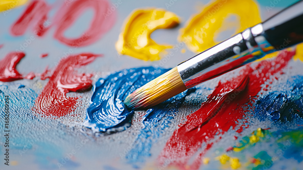 Fototapeta premium A close-up of a paintbrush applying vibrant colors on a canvas, showcasing the beauty of artistic expression and creativity.