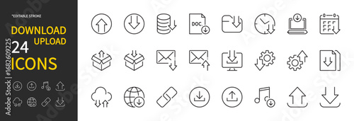 Download upload icon set. Vector illustration. Editable stroke. Flat design. Isolated on a white background.