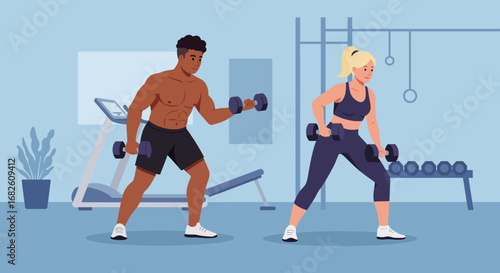 Two People Exercising with Dumbbells in Gym.
