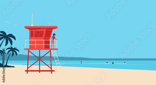 Red Lifeguard Tower with Lifeguard on Duty.