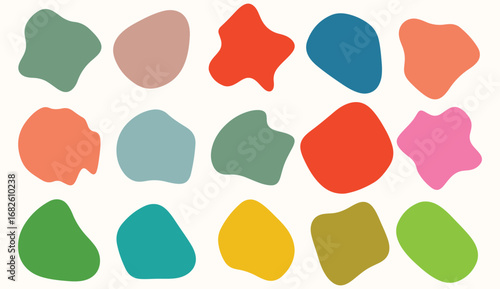 Collection of colorful organic blob shapes and abstract forms in vibrant hues