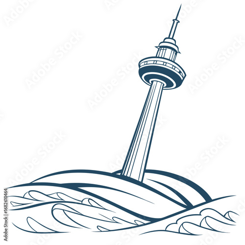 Tall Tower Rising Over the Waves Graphic Illustration