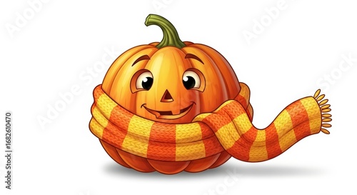 Cute Cartoon Pumpkin Wearing Cozy Striped Scarf Smiling on White Background