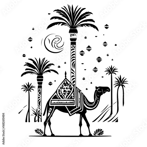 Black and white camel silhouette amidst date palms evokes exotic travel destinations and desert