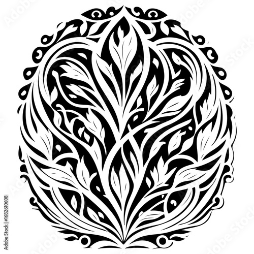 Black and White Floral Ornament Design, Botanical Round Motif with Intricate Leaf Pattern and