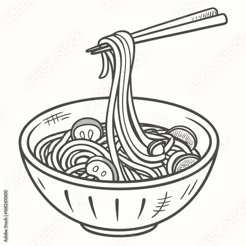 Bowl of Noodles and Chopsticks - Vector Illustration