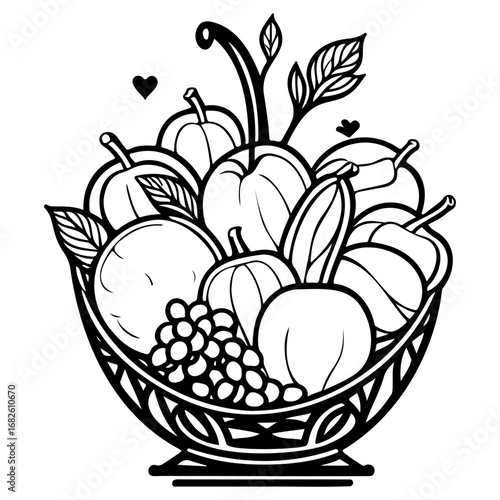 Black and white fruit basket outline illustration with various fruits for coloring book designs