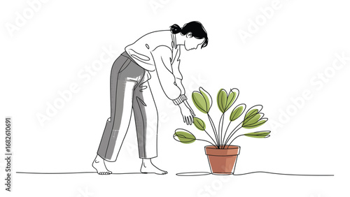 Woman taking care of potted plant illustration symbolizing gardening and growth