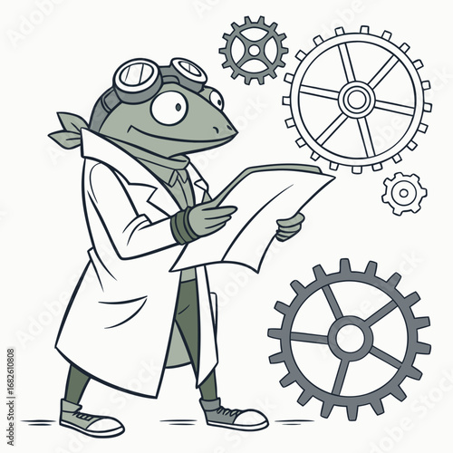 Steampunk Inventor Reading Blueprint among Gears