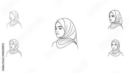Muslim woman wearing hijab headscarf line art illustration set