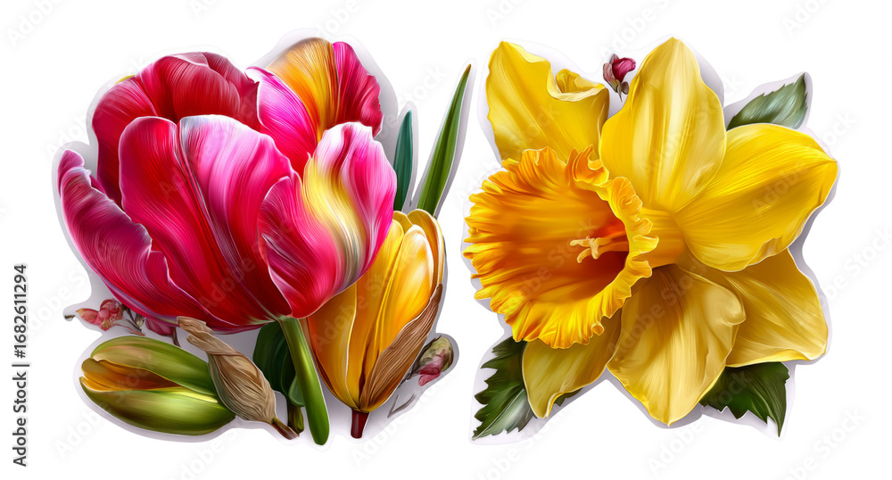 Obraz premium Vibrant Floral Illustrations of Tulips and Daffodils with Transparent Background