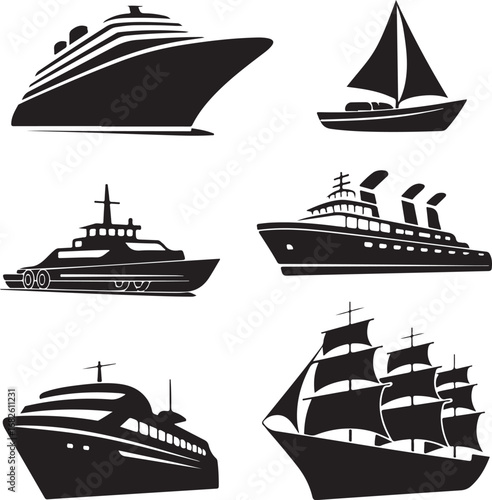 Ships and boat silhouette vector icons