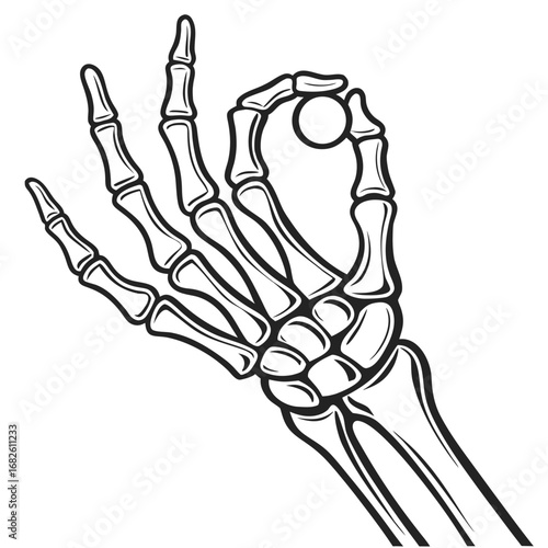 Skeletal Hand Making Ok Sign in Black and White Art