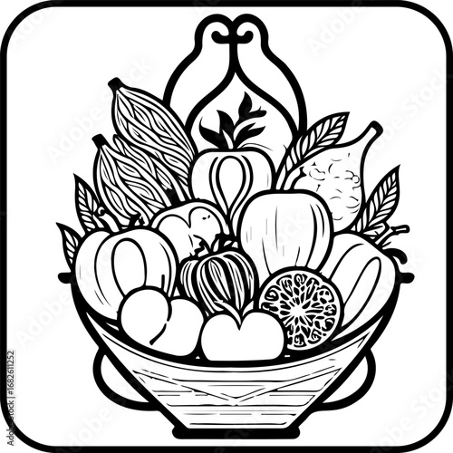 Black and white vector illustration of a cornucopia overflowing with autumn harvest fruits and