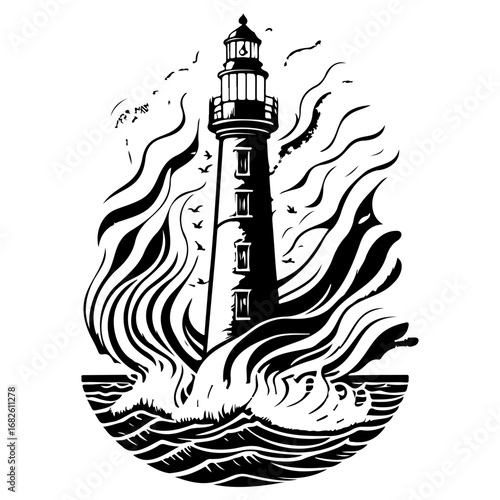 Black and white vector illustration of a lighthouse amid stylized waves and wind currents offering