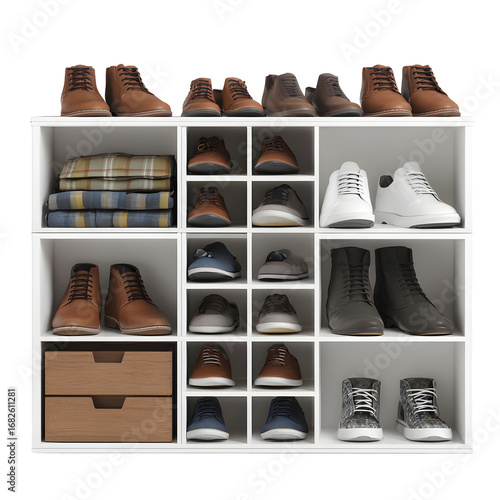 Organized Shoe Rack Display with Various Styles and Colors against Black Background