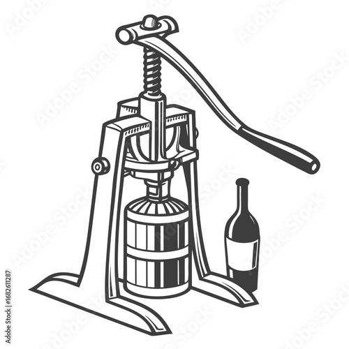 Vintage Wine Press with Bottle Illustration