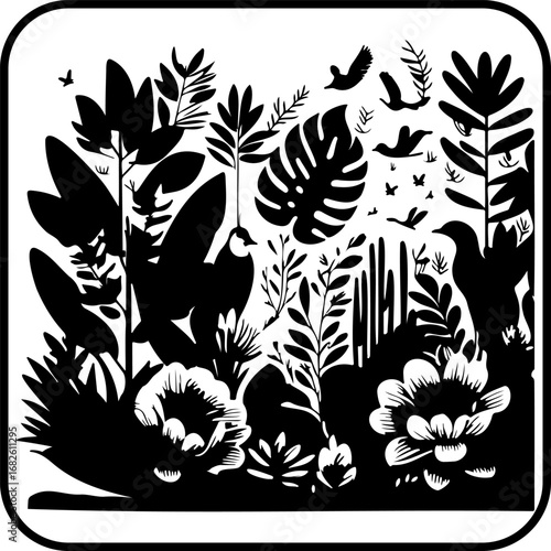 Black and white tropical foliage silhouettes with flying birds creating a captivating natural
