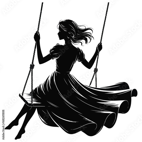 Silhouette of young woman sitting on swing with flowing dress illustration