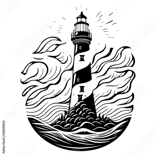 Bold maritime illustration featuring a striking lighthouse amidst stylized waves offering guidance