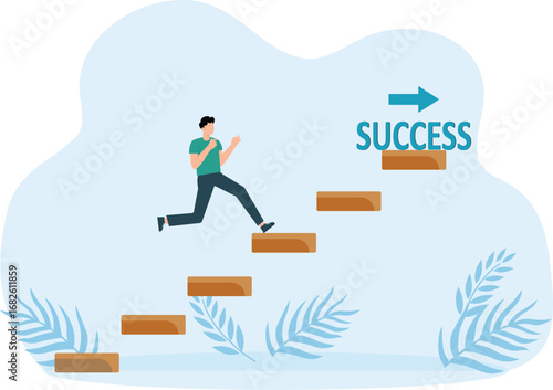 Business challenge with ladder up to success. Businessman running up on stair with symbol for career growth and achieve leadership concept
