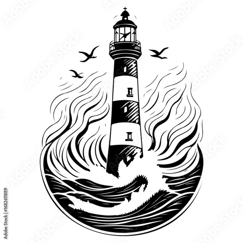 Bold maritime sentinel illustration depicting a towering lighthouse amidst crashing waves and