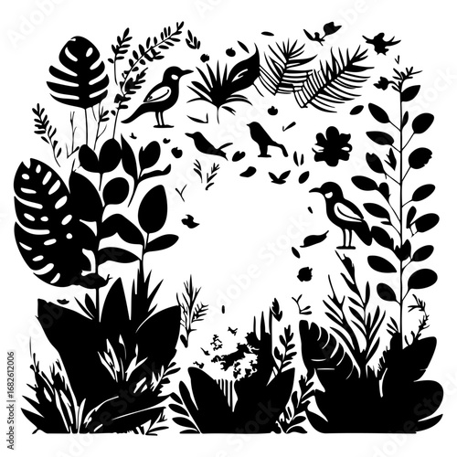 Botanical aviary silhouette a monochromatic wildlife frame featuring tropical foliage and avian