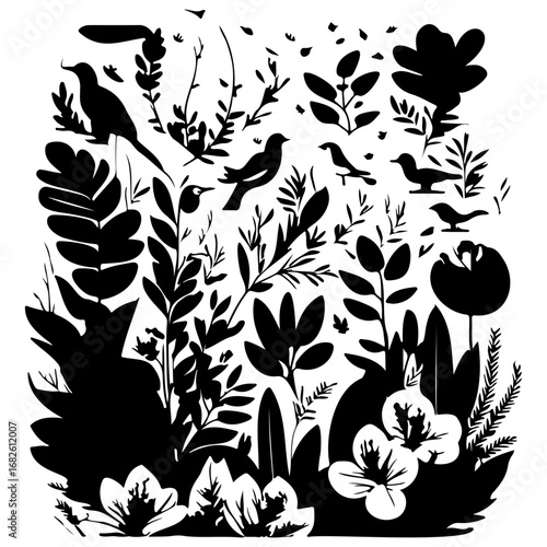 Botanical aviary silhouette a flourishing garden scene with birds and floral elements illustration