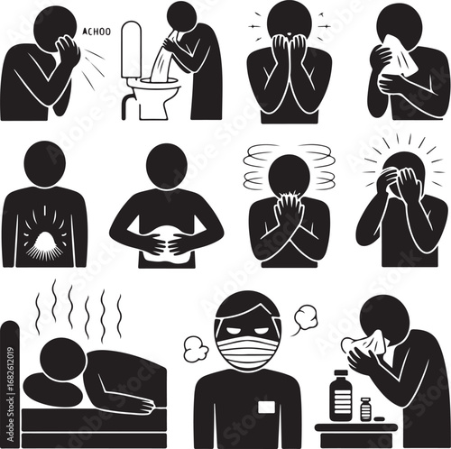 Sick ill Fever Flu Cold Sneeze Cough Vomit Disease
