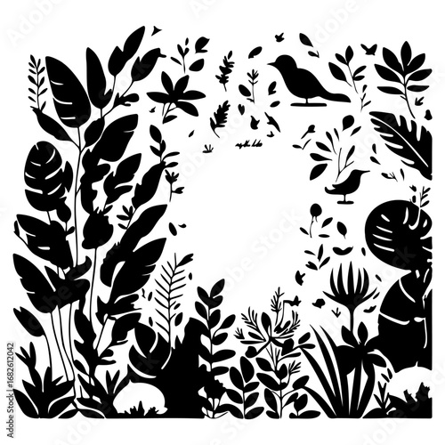 Botanical black and white illustration featuring birds nestled amongst dense foliage a natural