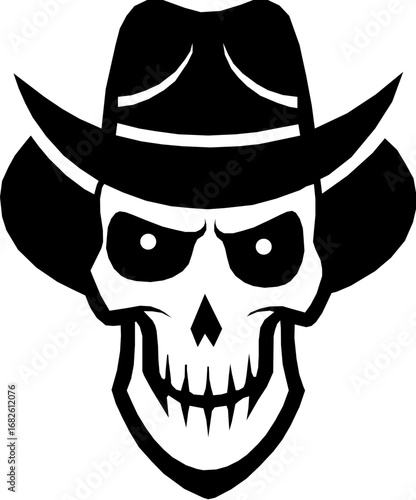 Skull in Cowboy Hat: A bold monochrome line art illustration depicts a skull wearing a classic cowboy hat, showcasing its detailed features and strong graphic style.