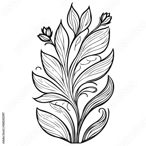 Botanical drawing shows delicate blooming plant, with intricate details, making it an artful
