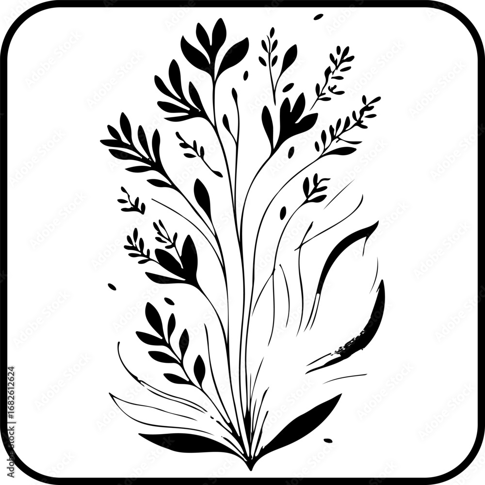 Naklejka premium Botanical illustration showcasing elegant floral arrangement with delicate leaves in minimalistic