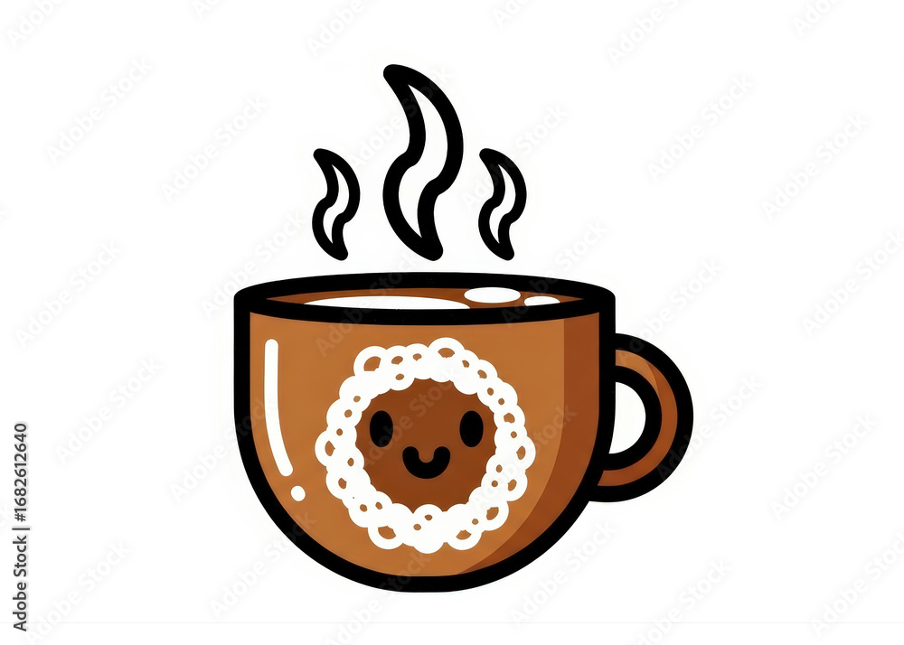 Obraz premium Cute Kawaii Coffee Mug Character Smiling with Steam Isolated on White