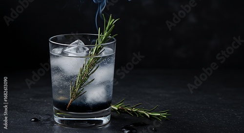  Charred Rosemary Gin and Tonic, featuring a torched sprig of rosemary that is still lightly smoking, with a few drops of black liquid dye to create a unique color, in a sleek highball glass on a dark