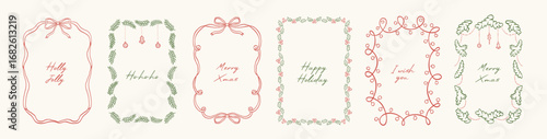 Set of vintage doodle hand drawn Xmas borders with branches tree, ribbon and bows, mistletoe, lights garlands. Minimalist line art. Trendy holiday frames for Christmas poster, card, invitation.