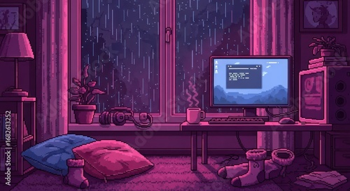 Pixelated rainy night ambiance inside a cozy retro style room filled with relaxation tools