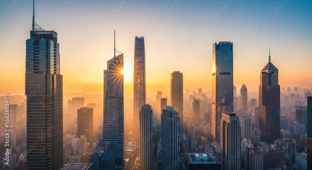 Fototapeta premium Sunrise over the urban horizon an inspiring cityscape with towering architecture and golden light