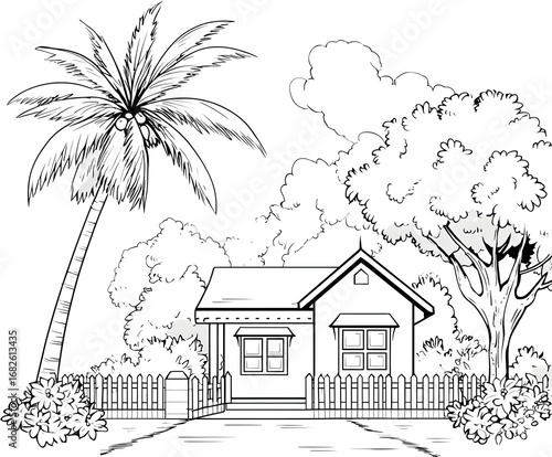 House with a coconut tree and garden coloring page