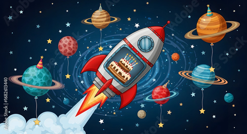 Fototapeta Naklejka Na Ścianę i Meble -  Vector illustration with space birthday theme