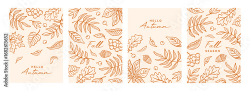 Set of trendy autumn posters with hand drawn leaves in line sketch style. Autumn doodle leaf oak, maple, chestnut, acorn, berry rowan. Fall trendy background, cover, flyer design. Vector illustration.