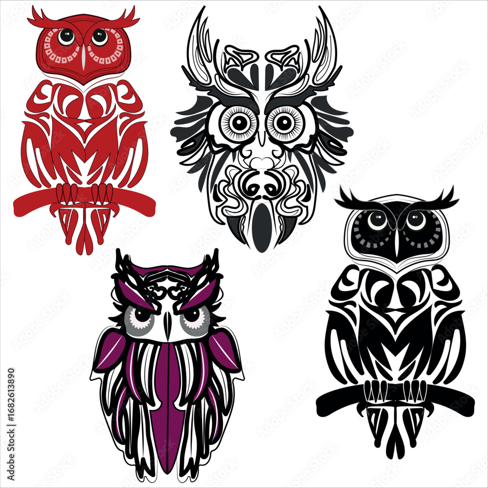 Obraz premium Tribal owl vector illustration set