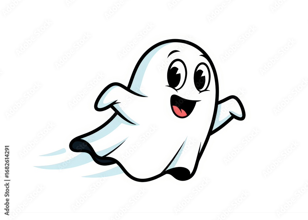 Fototapeta premium Happy Cartoon Ghost Mascot Flying Quickly on an Isolated White Background