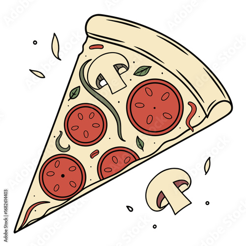 Slice of Pizza Illustration with Mushrooms and Pepperoni