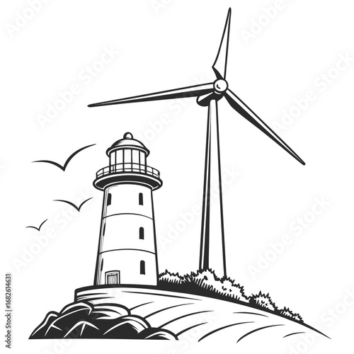 Lighthouse and Wind Turbine on Cliff Illustration