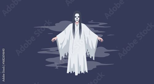 Scary female ghost wearing a long white robe with long black hair, pale face, and standing on misty ground at night.